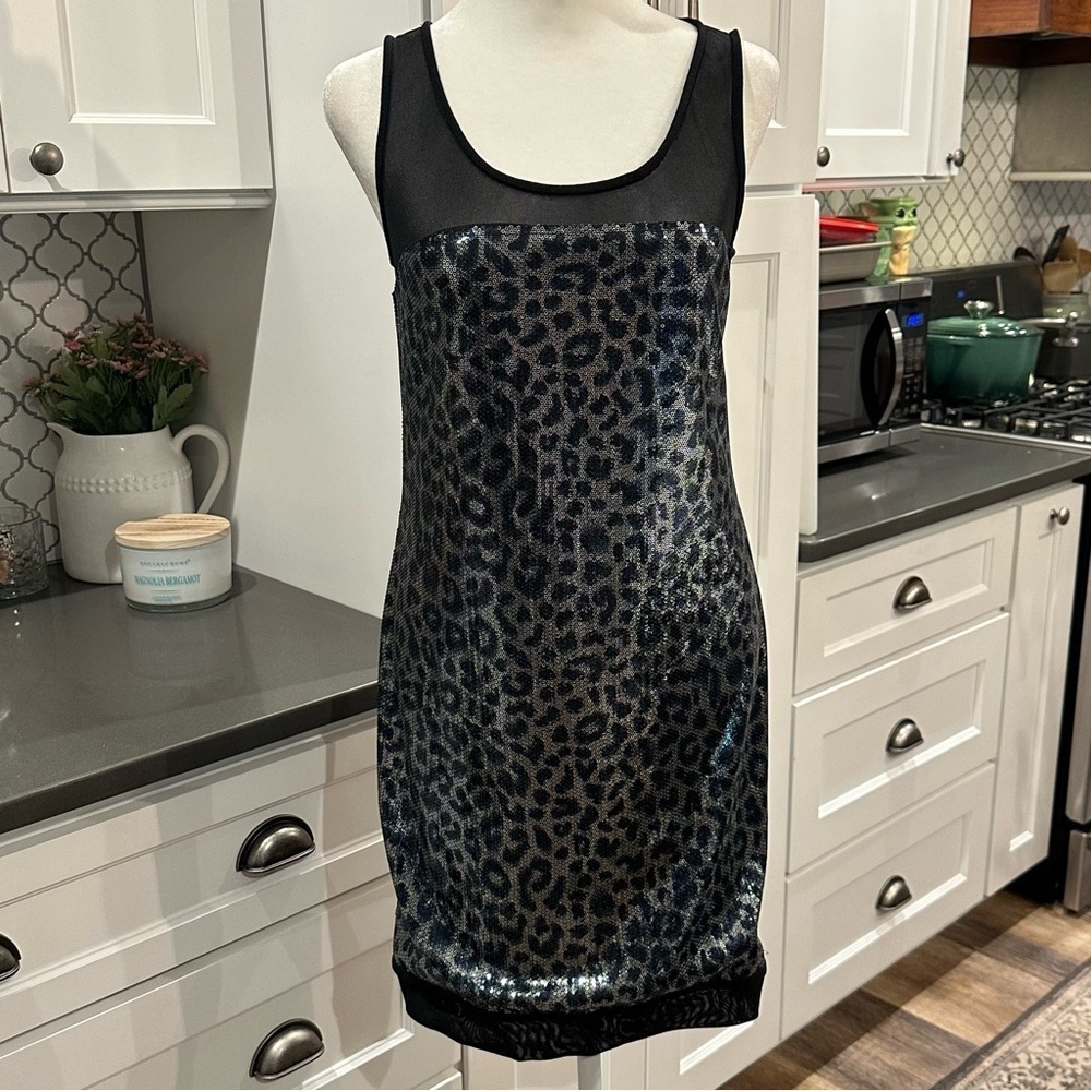 RACHEL RACHEL ROY Metallic Sequin Leopard Print Mini Cocktail Party Dress Medium